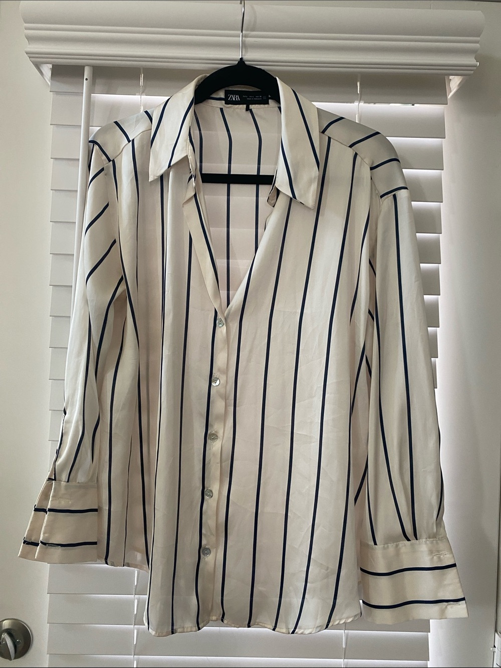 Zara Women’s Cream Button-Down Shirt with Navy Stripes